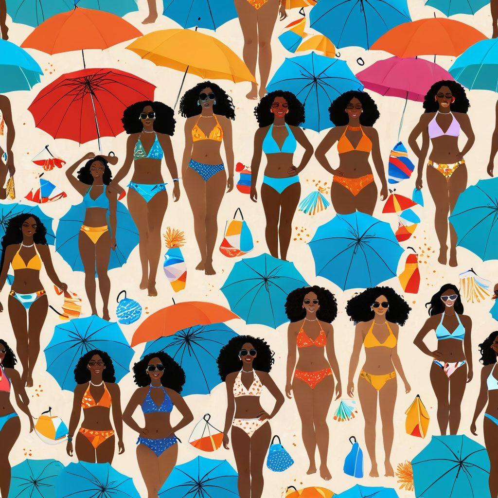 A vibrant collage showcasing diverse bikini styles from sleek halter tops to trendy high-waisted designs. Include models of various ethnicities confidently posing on a sunny beach, surrounded by colorful umbrellas and beach accessories. Emphasize joyful expressions and body positivity. The backdrop features clear blue skies and gentle waves, adding a refreshing summer vibe. bright colors. beach setting. digital illustration.