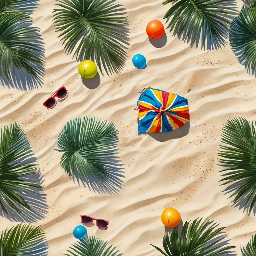 A vibrant beach scene showcasing an array of trendy bikinis displayed on tropical plants, with sunlight filtering through palm leaves. Include beach towels, sunglasses, and colorful beach balls to evoke a summer feel. The background features a sparkling ocean and clear blue skies, with playful waves lapping at the shore. super-realistic. vibrant colors. tropical vibe.